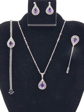 Platinum Plated Amethyst Color Teardrop Halo Jewelry 4 pc Set